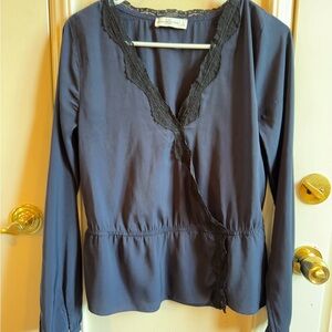Navy Blue Long Sleeve Top with Lace Trim